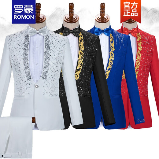 ROMON light luxury performance clothing male adult stand-up collar sequined singer host clothing stage chorus men's dress suit new product white buy jacket + pants + bow tie 185/96A