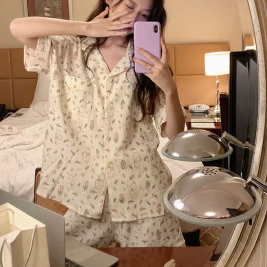JPhznb Pajamas encaje para mujer Ropa de hogar Retro Slim 2023 Nuevo encaje Pajama floral 9903 Cuello redondo de conejo [set] Manga corta M