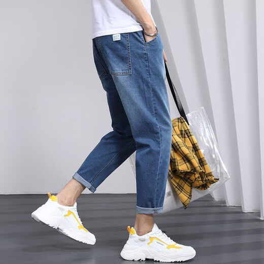 
Zuoyoupin (zuoyoupin) jeans men's cropped pants summer casual straight pants men's fashion boys versatile trendy trousers TC673 light blue S