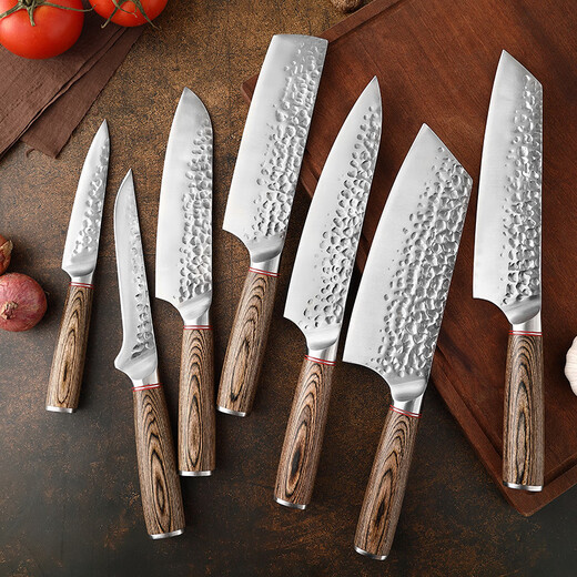 
Handmade forging of women's small kitchen knife chef cooking slice knife meat stall shaving and splitting meat knife household fruit knife kitchen set knife Longquan Longhu sword MCS673 color wooden handle hammer pattern Sande knife