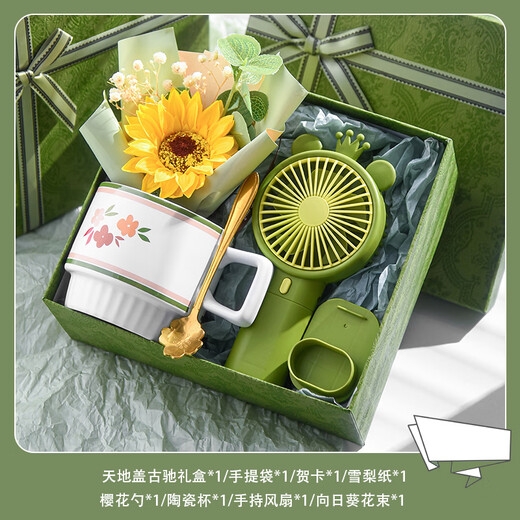 唐贝毕业礼物送老师实用夏季清凉伴手礼盒商务公司团建入职小礼品定制 复古绿马克杯+风扇+花束礼盒