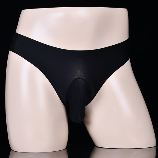 Men's ice silk underwear men's sexy briefs breathable belt cover open gun egg separation ultra-thin silky sexy ice silk seamless comfortable skin-friendly and smooth thong men's sexy underwear black ice silk thong cover-opening XL size