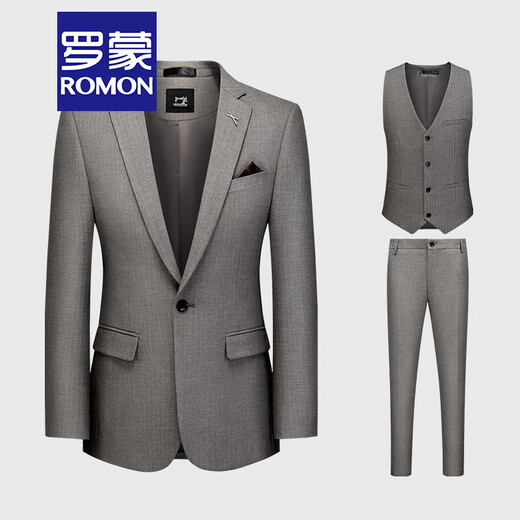 ROMON light luxury yarn-dyed herringbone suit for men, British slim fit, Korean style groom's wedding dress suit for men, brown gray/jacket+vest+trousers 3XL (165Jin Jin is equal to 0.5kg)