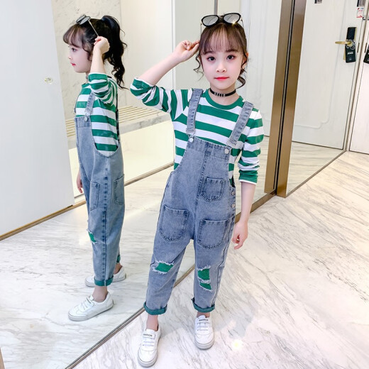 Children's Suit Overalls Autumn New Girls' Denim Stretch Pants Stylish Medium and Large Children's Long-Sleeved T-shirt Casual Two-piece Set Emerald Green 130 [Suitable for height 120-130 cm]