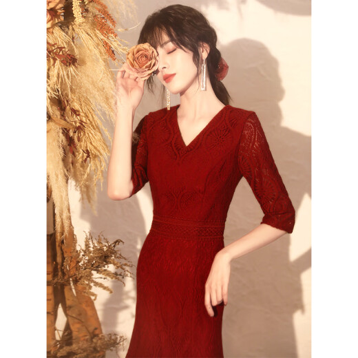 Toast Wear Evening Dress Long Sleeve Dress Bride Autumn and Winter Burgundy Slim Wedding Mermaid Dress Banquet Temperament Reception Burgundy Mid-Length L