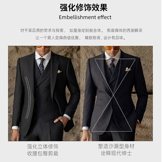 Carbono high-end black wool suit suit men's groom wedding slim three-piece business commuting formal suit classic black two-piece suit (top and trousers) slim 46 tops please note the size of the trousers