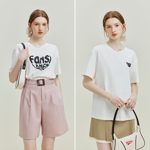 Fan Silan 23FS12383/12392 Weiße Liebesbriefe kurzärmeligte T-Shirt für Frauen im Sommer runden Hals losen Oberteil aus weißen kleinen Buchstaben xs xs