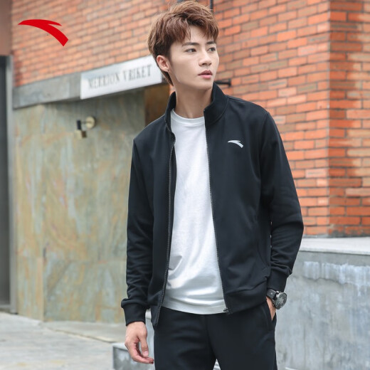 ANTA Jacket Men's Knitted Top 2024 Spring Windproof Jacket Casual Running Cycling Wear Training Cardigan Sportswear Men [Recommended by Store Manager] Black Stand Collar L/175