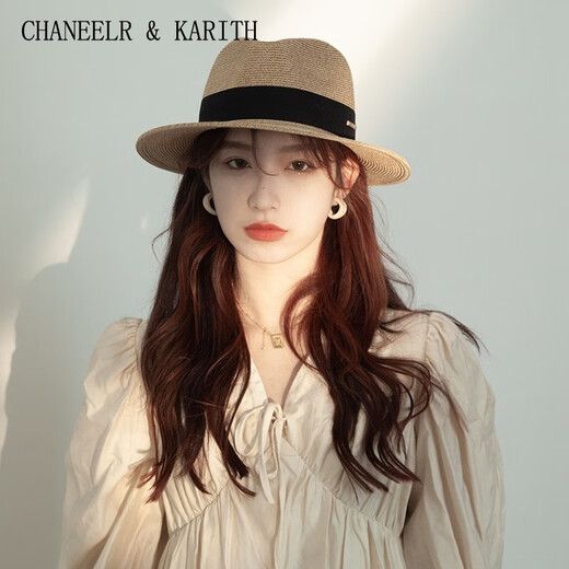 CHANEELR & KARITH防晒帽复古草编帽女夏季防紫外线度假草帽英伦礼帽海边沙滩遮阳帽 黑色 织带 M（55-58cm）