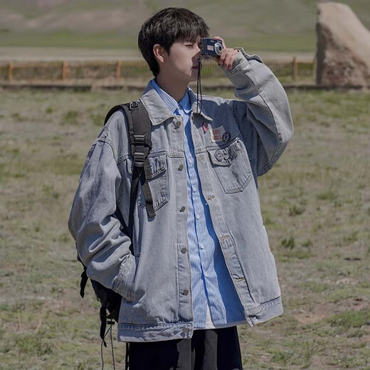 POUM men's joint denim jacket men's autumn new Hong Kong style retro loose casual couple work clothes jacket CRB-2035 black XL