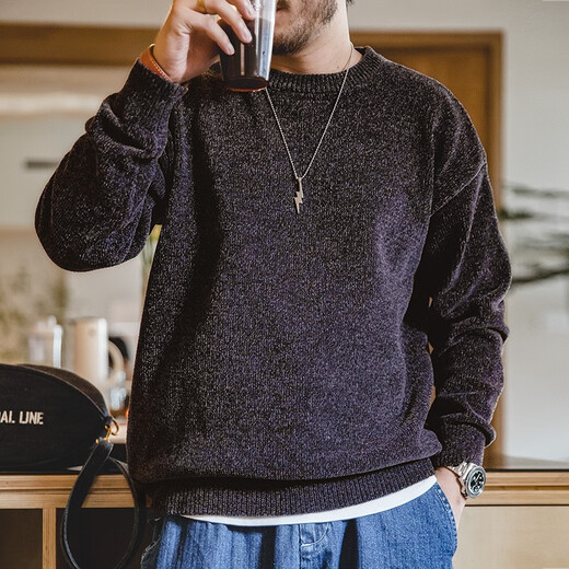 Madden workwear chenille round neck sweater warm and skin-friendly bottoming sweater men's autumn casual lazy top stone gray men's sweater winter/high-end/sweatshirt M (120-140Jin Jin equals 0.5 kg)