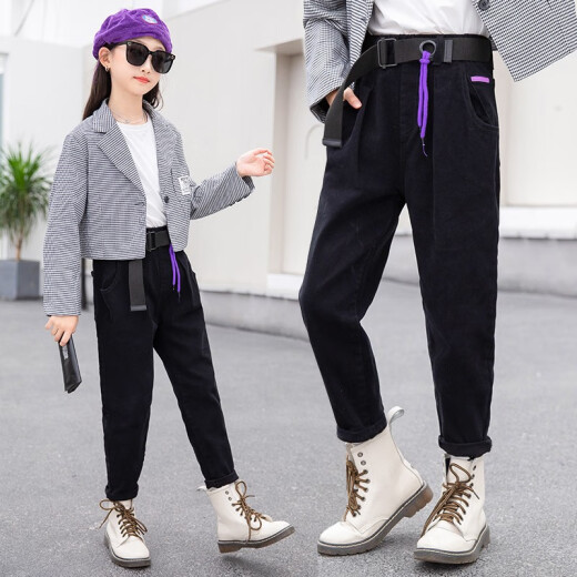 Children's clothing, girls' pants, autumn new style, medium and large children's casual pants, Styfish children's jeans, spring clothing, versatile outer wear, small leg pants black 120 [suitable for height 110-120 cm]