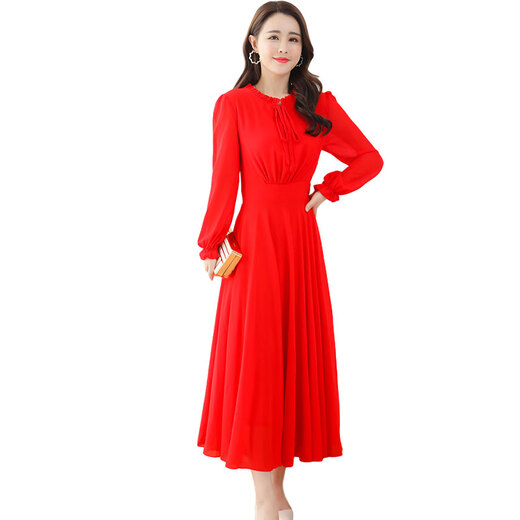HKPK Toast Wear Evening Dress Long Sleeve Dress Bridal Autumn Wedding Dress Back Door Dress Mid-Length Chiffon Female Reception Red S One Size