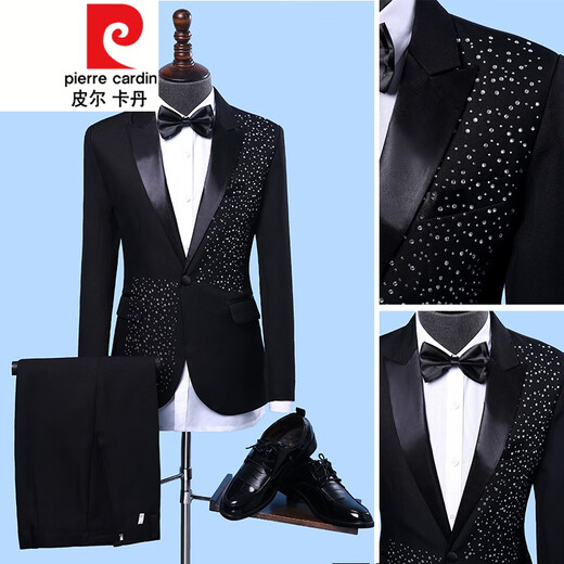 Pierre Cardin performance clothing men's clothing brothers sequin suit suit choir host clothing stage dress suit plus size autumn black 1 jacket + pants + bow tie 180/XL suitable for weight 170Jin Jin equals 0.5 kg, left and right wear