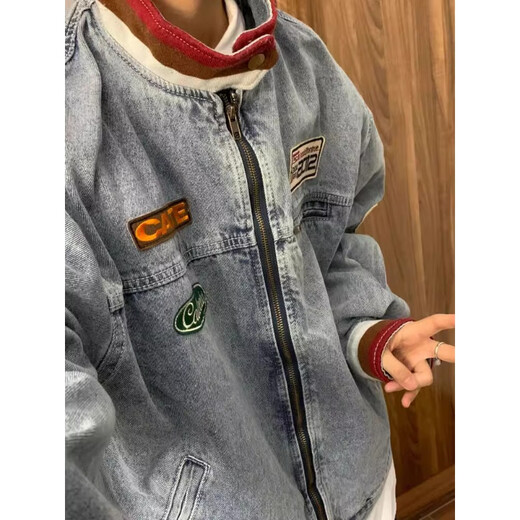 Poke American Motorcycle Denim Jacket Men's Spring and Autumn New High Street Fashion Brand Label Retro Loose Casual Jacket Blue XL 135-150Jin Jin is equal to 0.5 kg
