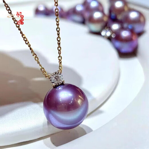 Green round Tahitian purple bright pearl pendant princess style single clavicle chain 925 silver plated 18k gold purple pearl 12-12mm