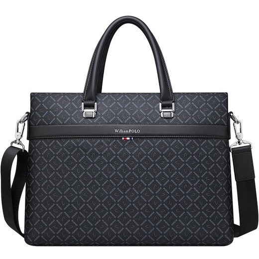 WILLIAMPOLO Men's Gift Business Briefcase Men's Handbag Large Capacity Business Men's Bag 14-inch Computer Bag Fashion Trend Black Plaid (37.8*27.5cm) 14-inch