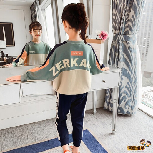 Girls Suits Autumn Clothes 2022 Spring New Fashionable Children's Clothes for Large Children Girls Long-Sleeved Sweatshirts Sports Pants Internet Celebrity Sports Clothes Two-piece Set 3-12 Years Old Trendy Brand Blue 140cm