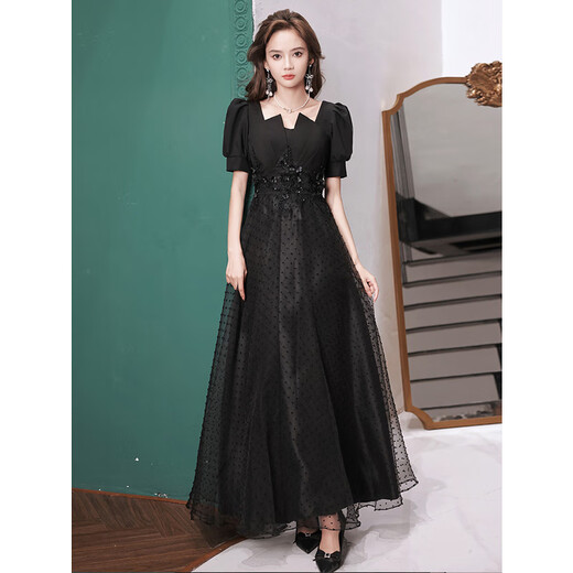 Seidler black evening dress for women's banquet, light luxury and noble French Hepburn style annual meeting vocal music test long style black XXXL (recommended 136-145 Jin Jin equals 0.5 kg)