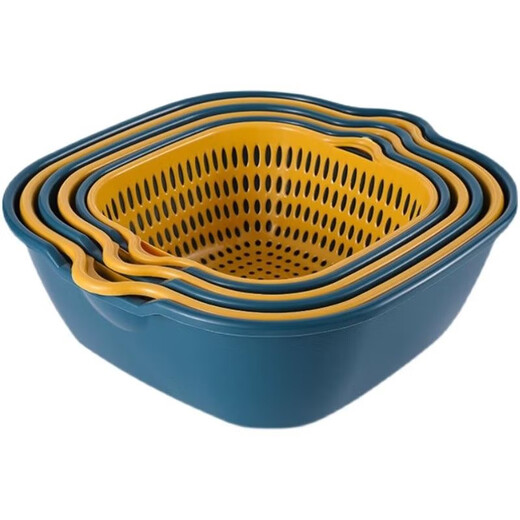 Chunshao kitchen vegetable basket drain basket double layer vegetable basin drain basket fruit and vegetable basket leaking basin 6-piece set extra large + large + medium blue and yellow two colors