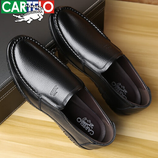 CARTELO top layer cowhide men's business formal casual leather shoes with one foot breathable soft sole non-slip middle-aged and elderly dad shoes Black single shoes 40