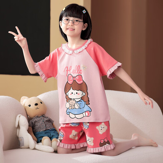 曼妮朵夏季儿童库洛米睡衣薄款卡通套装小女孩纯棉短袖女大童家居服全棉 M6636女【双短】 130cm 14码建议125-135cm