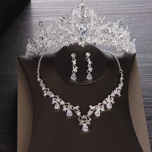 Dunzhu wedding bridal tiara crown white main wedding dress birthday hair accessories Korean necklace and earrings three-piece set versatile crown + necklace + earrings ear pins gift box package