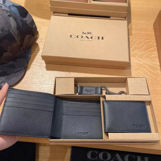 COACH Wallet Men's Short Coin Clip Gift Box Wallet Card Holder ID Holder Keychain Birthday Gift for Boyfriend Black F64118 [Ready Stock]