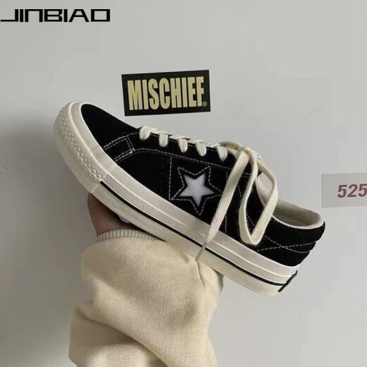 Jinbiao five-pointed star black 2021 new retro male and female students versatile Korean version ulzzang Hong Kong style ins canvas shoes male star low state-black 42 men