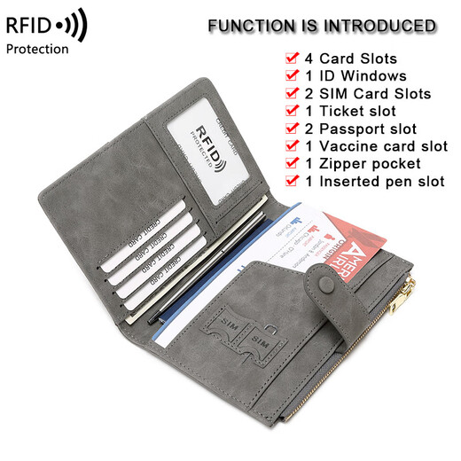 Yunya travel passport protective cover, anti-theft RFID passport ticket holder, multi-functional zipper, national defense scan card holder, gray