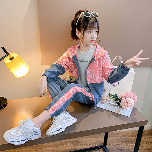 Omailu Children's Clothing Girls Spring and Autumn Clothing Set 2021 Children's Summer Sports Big Children's Clothing Girls Jacket Korean Style Western Style Fashionable Internet Celebrity Two-piece Set Trendy Long Sleeve Gray 130 Size (Recommended Height 115-125 cm)
