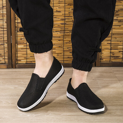 IQGD Traditional Cloth Shoes Men's Old Beijing Cloth Shoes Casual Low-top Thousand-Sole Slip-On Old Man Shoes 052 Black Size 39