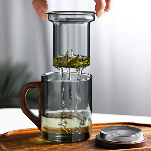 Yipingongfang glass heat-resistant glass tea water separation tea cup with lid filter office large-capacity water cup men's deep space three-piece cup transparent + anti-scalding coaster