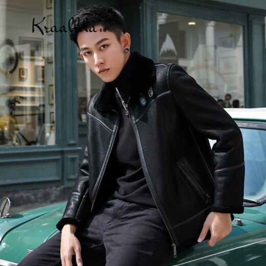 Card brand light luxury men's fur all-in-one men's genuine leather jacket short trendy brand leather jacket motorcycle wool fur jacket black 190/4XL