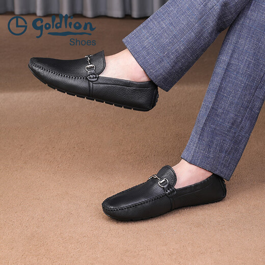 Goldlion Bean Shoes Men's Shoes Autumn Business Casual Shoes Deer Leather Shoes Soft Slip-on Driving Loafers Black 40
