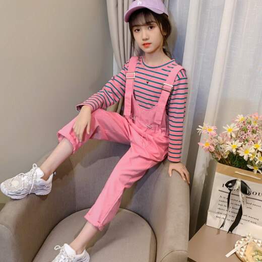 Xiong Diming Children's Clothing Girls Summer Suit 2021 Children's Short-Sleeved Fashionable Summer Two-piece Suspenders Set for Girls and Girls 5-13 Years Old Summer Suspenders Suit Pink + Long Sleeve 140 Codes (Recommended Height Around 135)