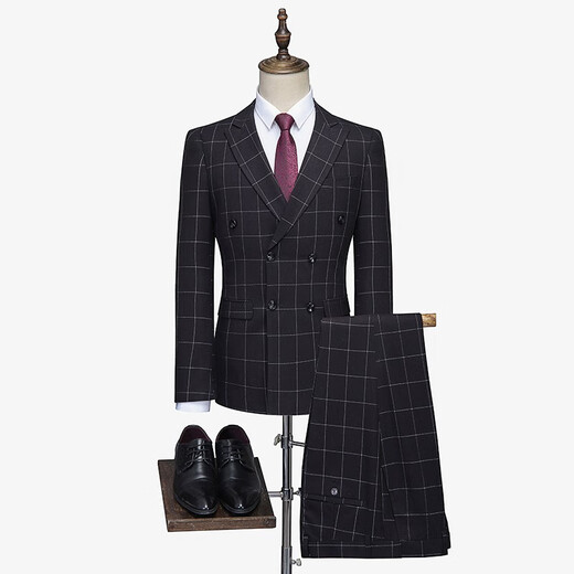 HAIPAIHAOYU Suit Set Men's Business Suit Double Breasted Black Plaid Gentleman's Suit 9922 Black Plaid M 170/92A