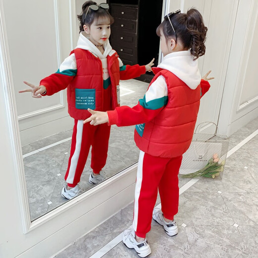 Aimi Dog Children's Clothing Girls Suit Autumn and Winter Clothes 2020 Autumn and Winter New Children's Velvet Thickened Three-piece Set Warm Vest Sweater Pants Medium and Large Children's Girls Clothing 3-15 Years Old/DM82200 Red 140 Code Recommended Height Around 130CM