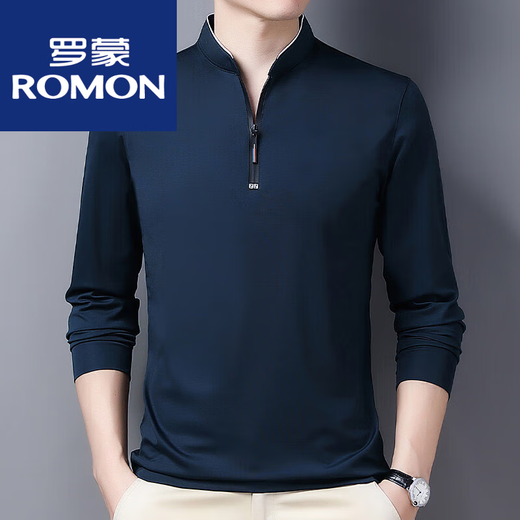 罗蒙（ROMON）棉长袖t恤男休闲薄款体恤上衣春秋季中年男装立领打底衫 加绒加厚6625宝兰 185/3XL建议170-190斤