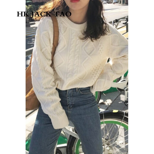 HKJACKTAO knitted sweater Hong Kong trendy brand twist knitted women's thickened loose slimming top new autumn and winter white outer bottoming inner wear for women milky white M suitable for 100Jin [Jin equals 0.5kg]-110Jin [Jin equals 0.5kg]