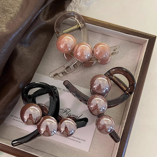 Two lifetimes of happiness elegant temperament beads grab clip medium-sized hair shark clip hair clip women 2025 new high-end hair accessories on the back of the head tea transparent bottom clip [deep coffee]
