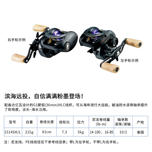 DAIWA ZILLION long-distance casting reel, general-purpose reel, water dripping lure fishing reel, freshwater fishing and freshwater fishing dual-purpose fishing reel HLC1514SH/L deep cup long-range casting reel (7.3 speed left-hand reel