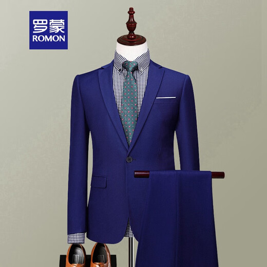 Luo Meng suit complete suit for men, young and middle-aged workwear, wedding dress, groomsmen professional formal wear, work business suit jacket, navy blue (two-piece set, single button) 180A (180) XL