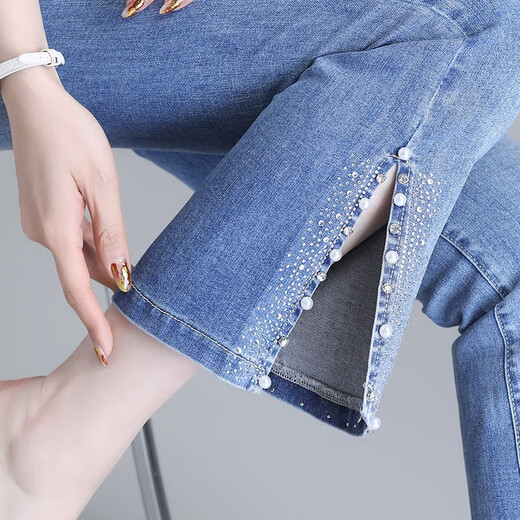 
Light luxury nine-point slightly flared jeans for women 2025 new high-waisted slim small side slit slit bell-bottom pants for women blue 6621 spring and summer thin 2XL /30 125-135Jin [Jin equals 0.5 kg]