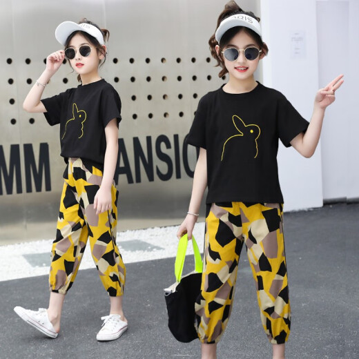 Senpa Girls Suit Summer Clothing 2020 Summer New Korean Children's Suit Little Girl Short-Sleeved T-Shirt Fashionable Internet Celebrity Style Middle-aged and Older Children's Sports Two-piece Set 3-12 Years Old Trendy Rabbit Camouflage Suit 150 (recommended height is about 145)