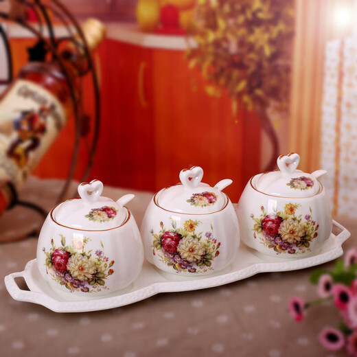 Porcelain Beauty Ceramic Seasoning Jar Creative Seasoning Box European Style Seasoning Box Set Kitchen Seasoning Rack with Hole Cover Combination Pack 300g Flowery Scenery Three-piece Set 3-piece Set 300ml