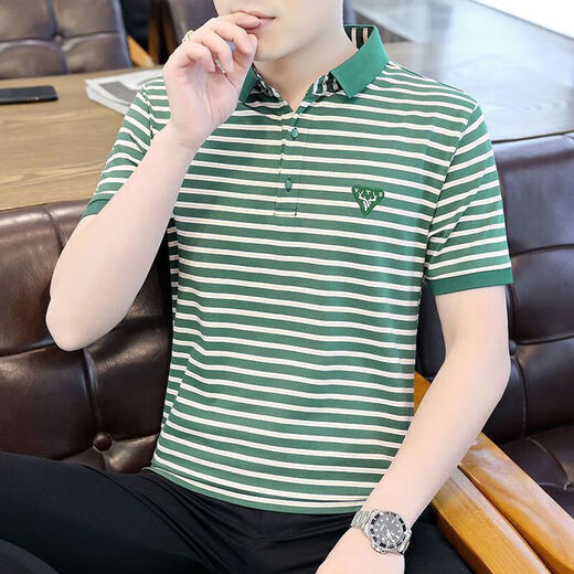 2024 Neues kurzärmeliges Polo-Hemd Männer-Sommer-Herren-T-Shirt mit Kragen halbärmelig Polo-Hemd gestreiftes T-Shirt Männer 6627 White M.