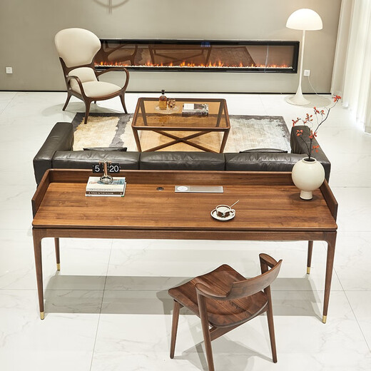 Youthful trend black walnut solid wood desk, large long desk in the living room, sofa back desk, simple double desk, single desk (with multi-function socket) 204*68*75cm