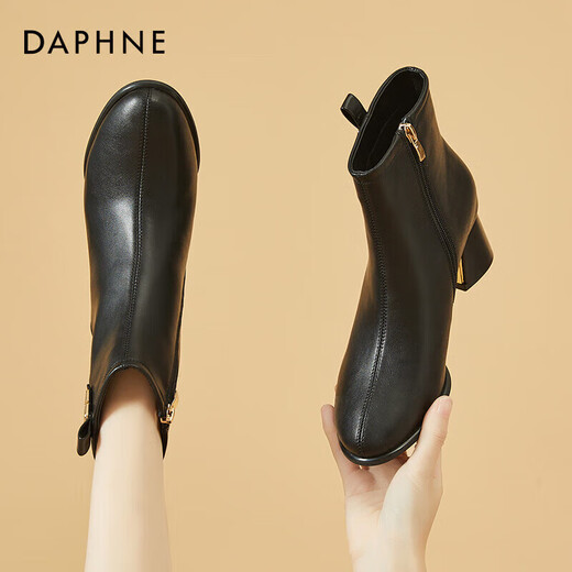 Daphne high heels women's French thick heel short boots heightening slimming leather boots for women 4622607023 black (plus velvet) 36