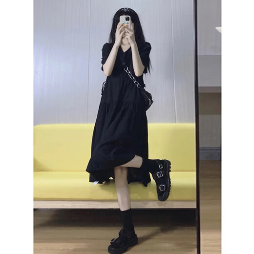 Jingqi maternity dress Hepburn style small black skirt French temperament Korean version summer maternity dress summer maternity dress black-short-sleeved summer Jly65868 XL
